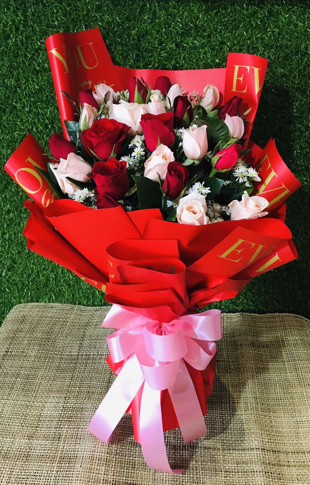 Order 24 Red Roses in Bouquet with Happy Birthday Mylar Balloon to Manila