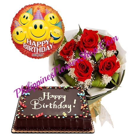 50 red rose bunch , chocolate cake & happy birthday ballons :  @flowersdeliverym Flowers Delivery Manila wish